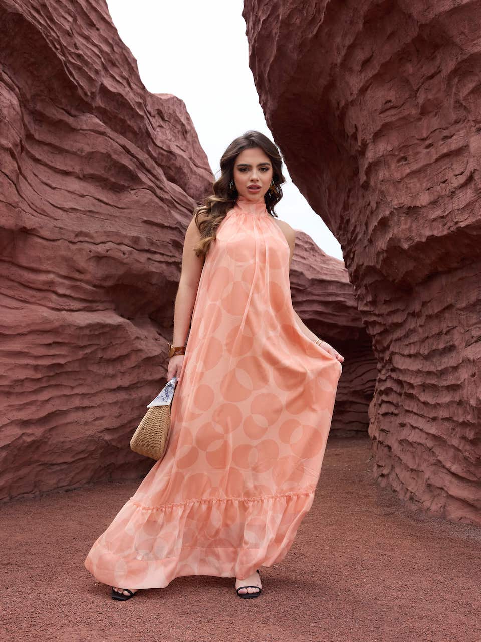 Peach Halter Maxi Dress - Lamoanna