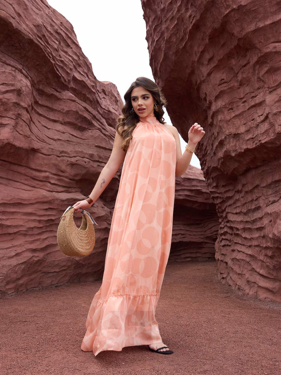 Peach Halter Maxi Dress - Lamoanna
