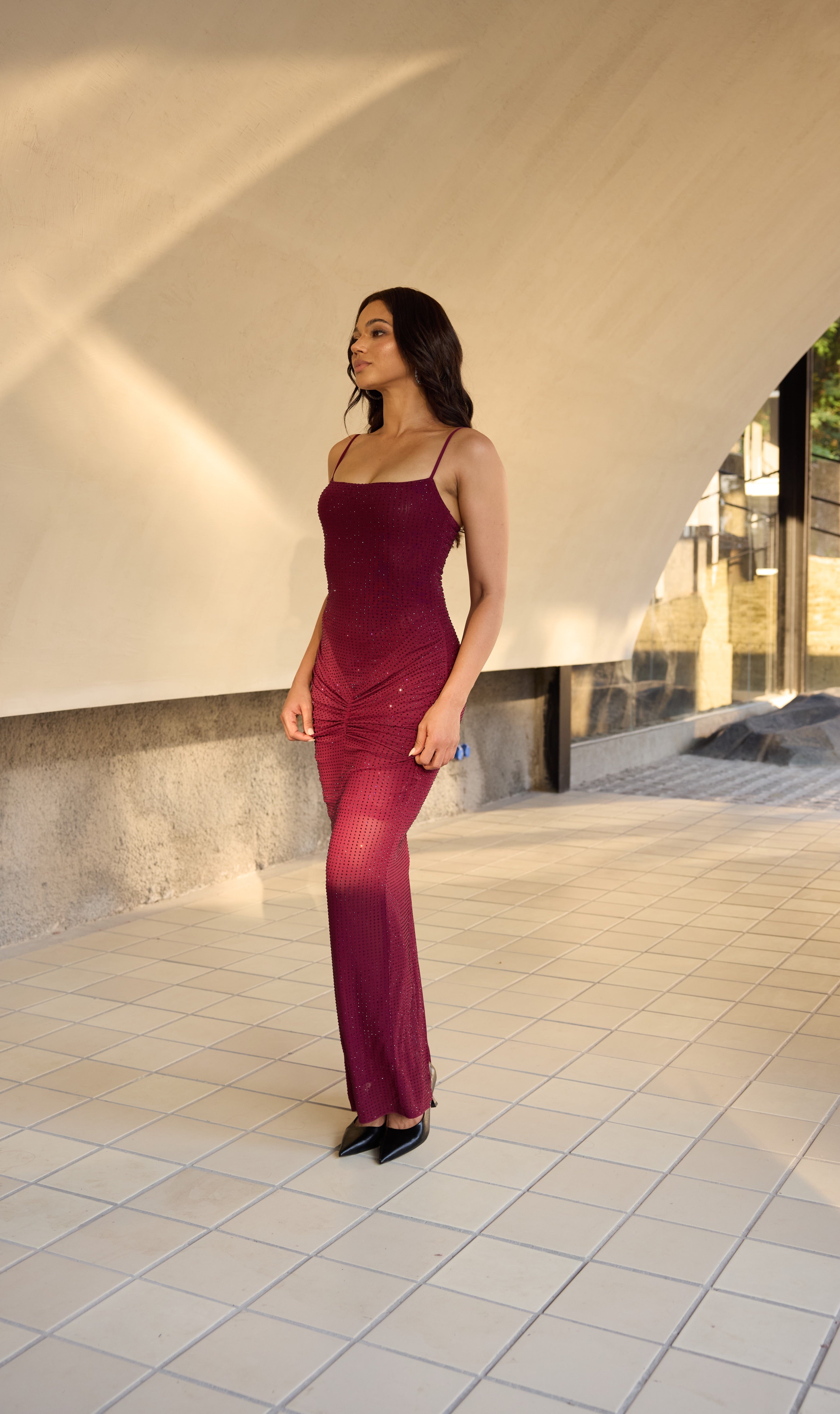 burgundy rhinestone dress