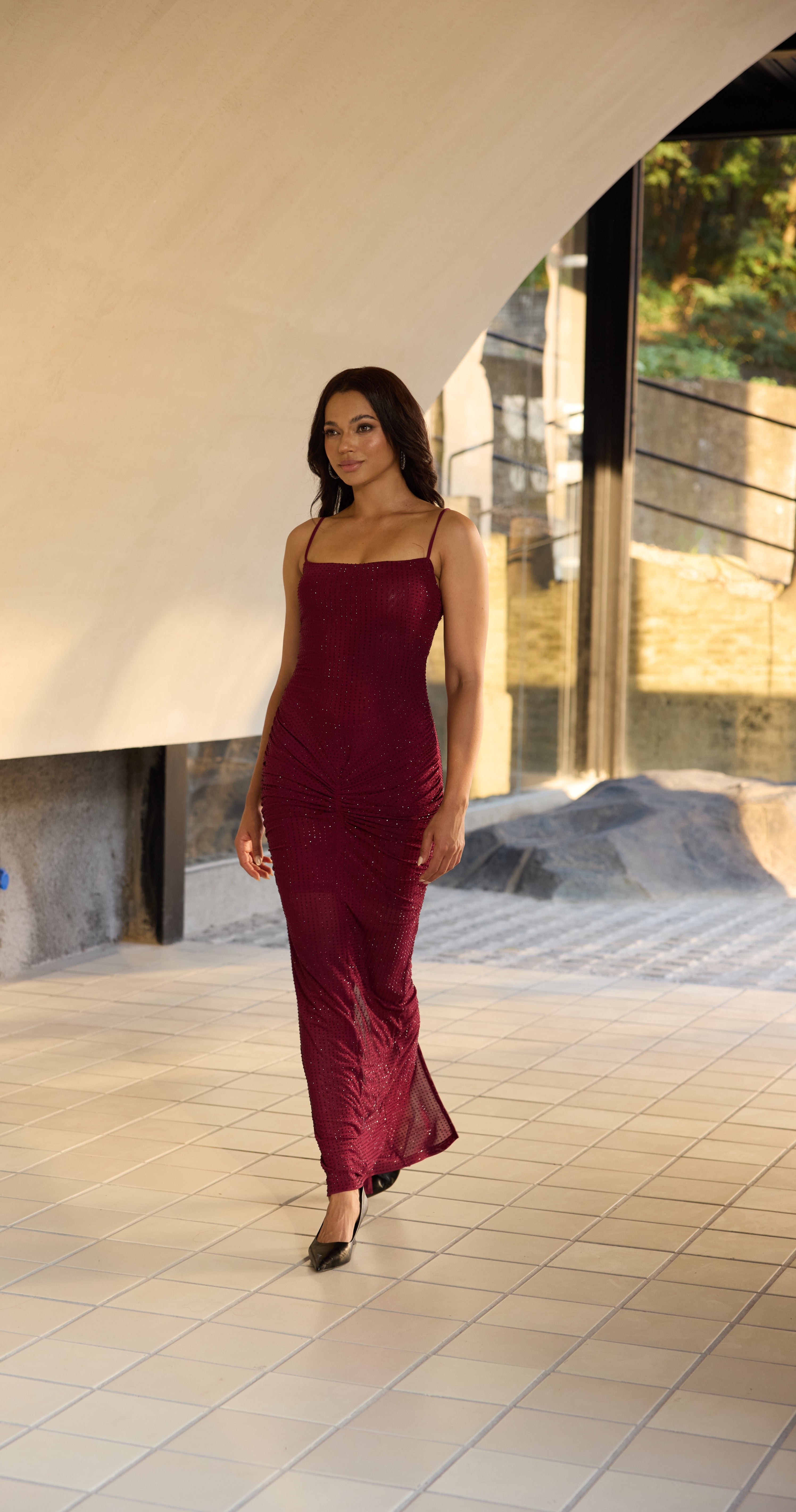burgundy dress with rhinestones A-line V-neck Beaded Bodice Burgundy Satin Long Prom Dresses APD2887