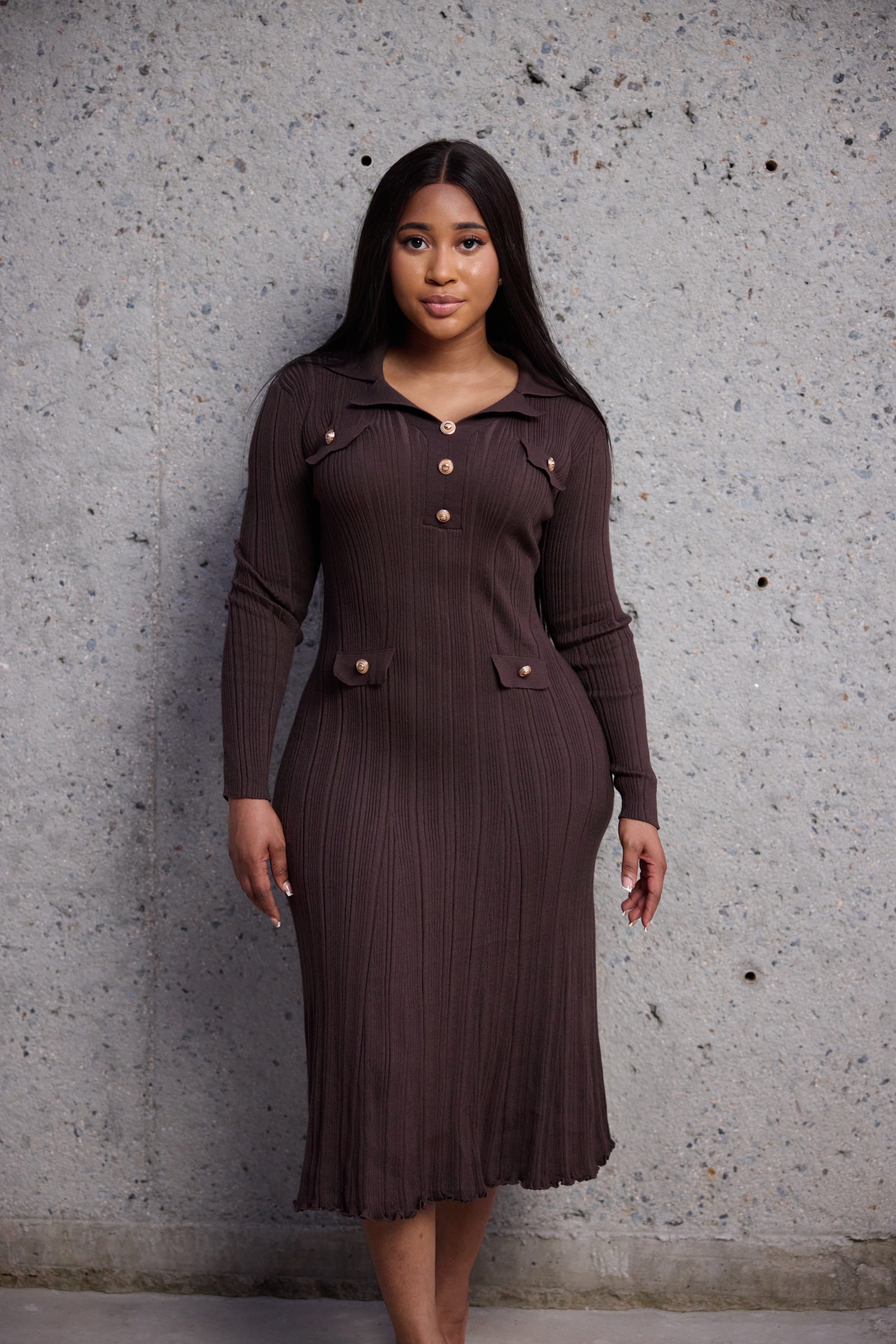 brown rib-knit dress
