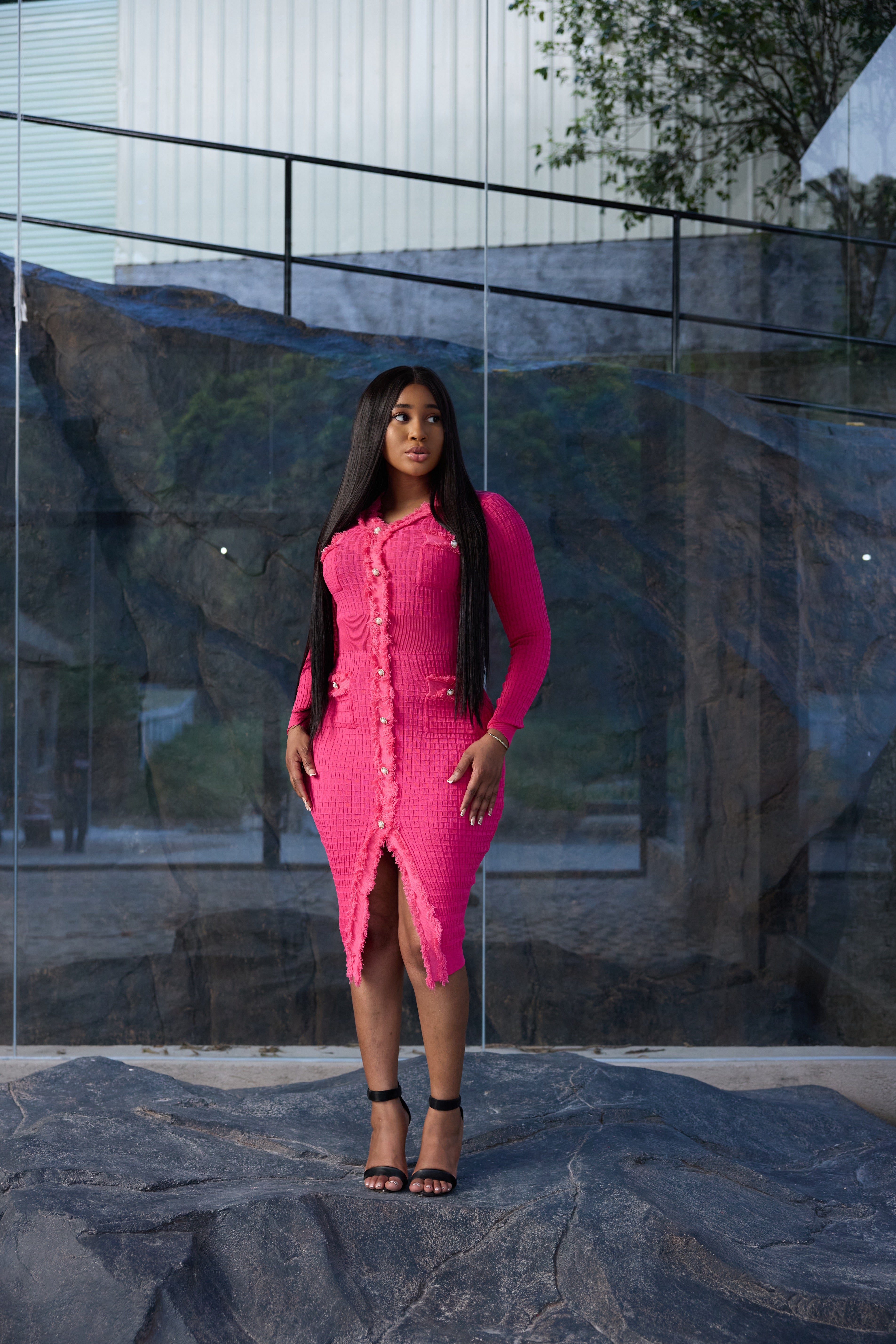 vibrant hot-pink knit dress