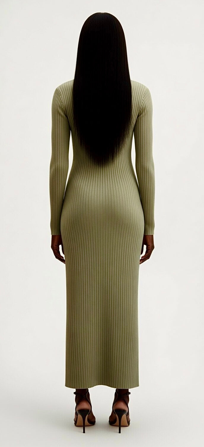 Sage Green Ribbed Knit Midi Dress - Lamoanna