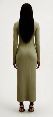 Sage Green Ribbed Knit Midi Dress - Lamoanna