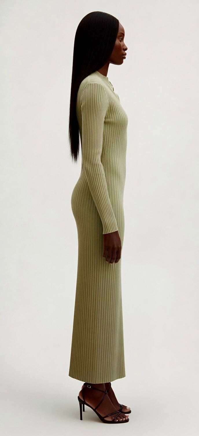 Sage Green Ribbed Knit Midi Dress - Lamoanna