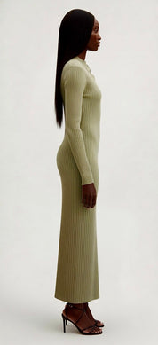 Sage Green Ribbed Knit Midi Dress - Lamoanna