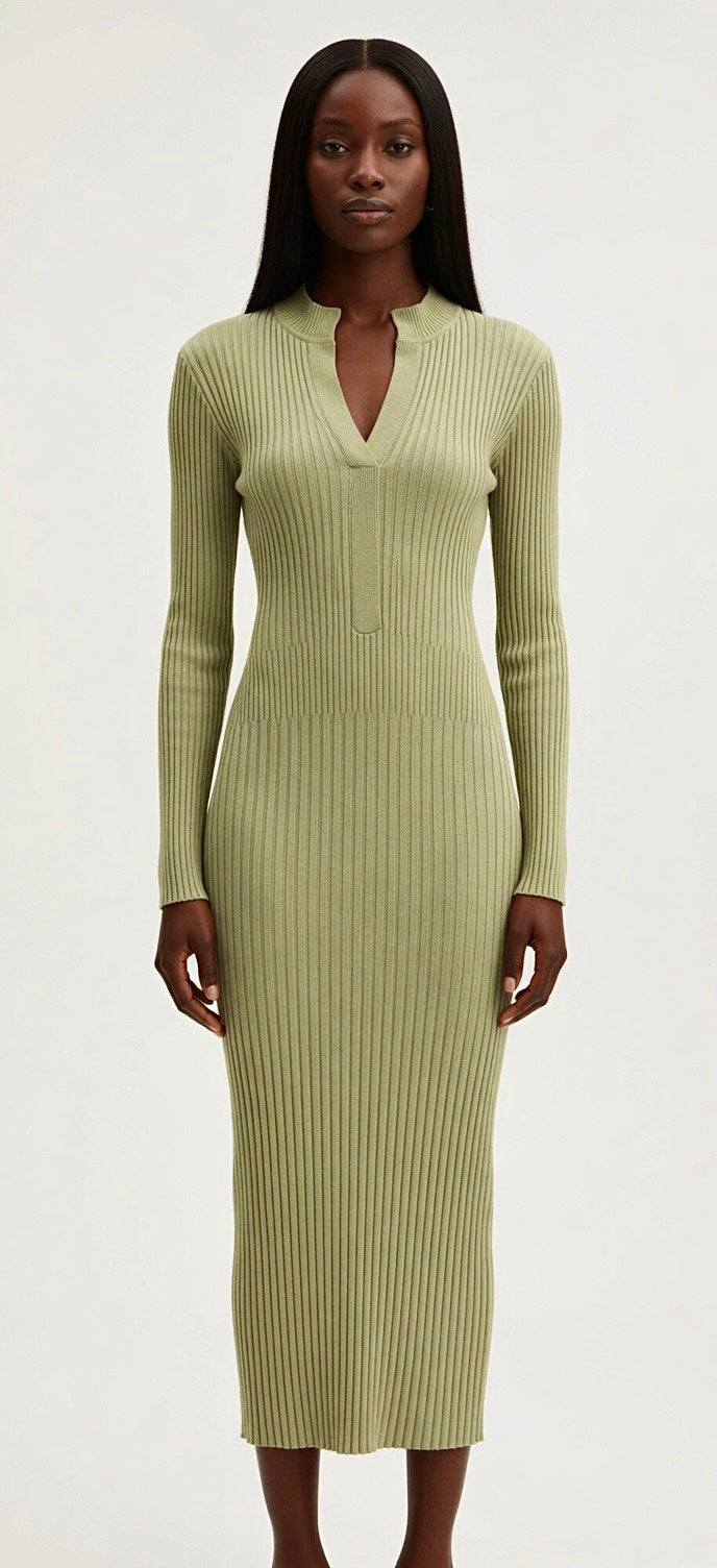 Sage Green Ribbed Knit Midi Dress - Lamoanna