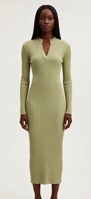 Sage Green Ribbed Knit Midi Dress - Lamoanna