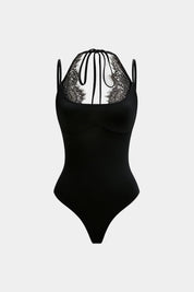 Lace Patchwork Tie-Up Sleeveless Bodysuit - Lamoanna